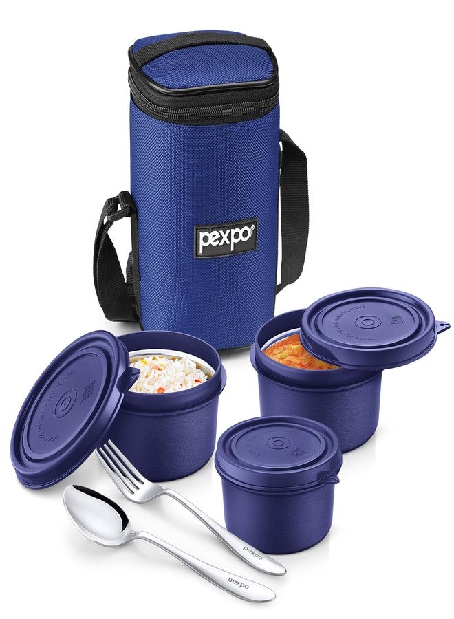 PEXPO Micro Pro Stainless Steel Lunch Box for Men & Women, with 3 Air Tight Containers (350ml x3), Spoon, Fork & Bag | Tiffin Box for School, Office, Travel, Picnic | BPA Free, Leak Proof | Blue - Image 1